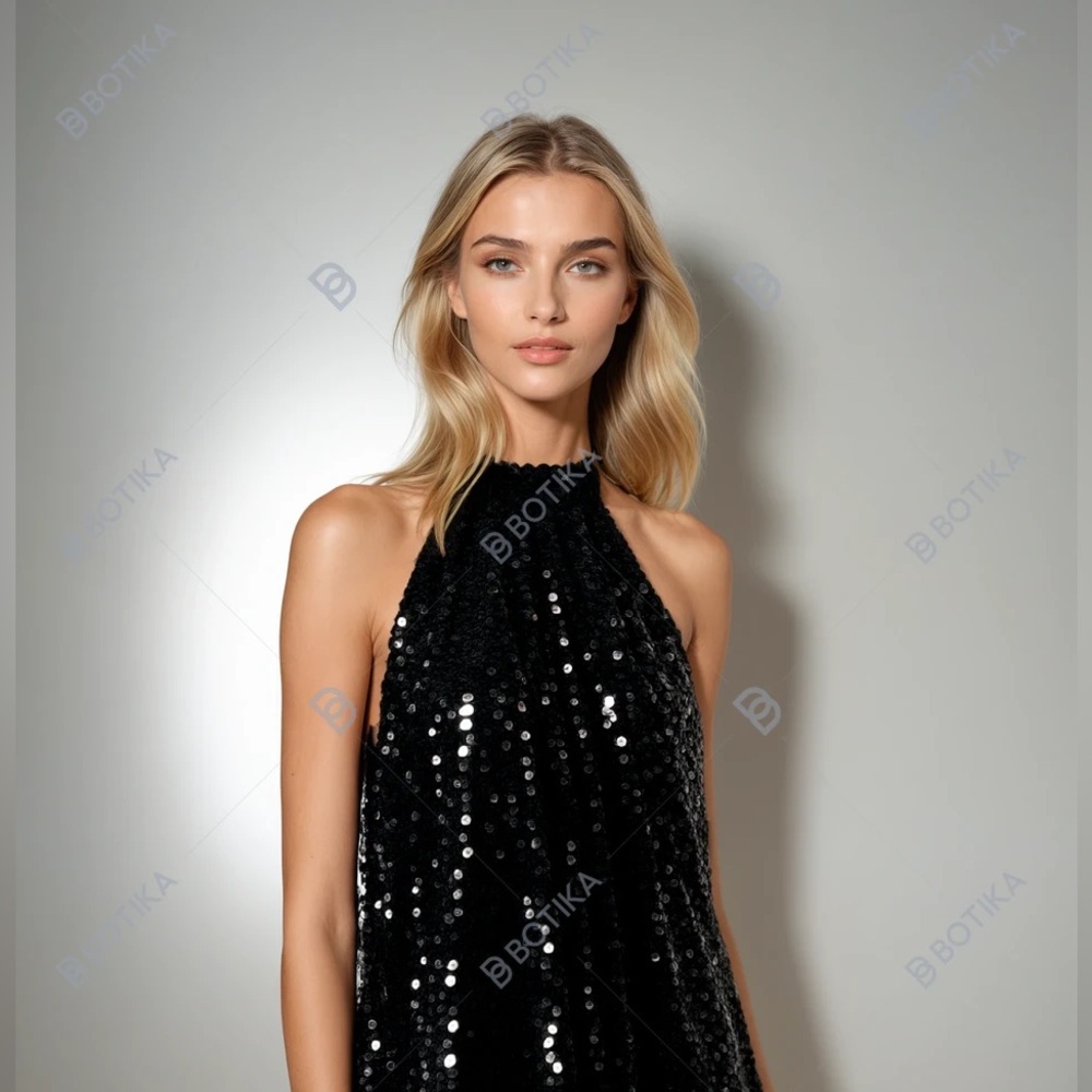 Cachet Black Sequin Halter Tie Front Blouse